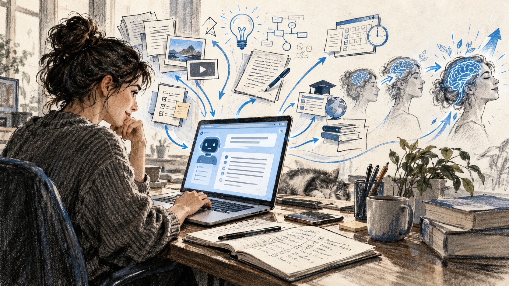 Illustrazione a schizzo di una persona che usa l'intelligenza artificiale come supporto operativo e creativo