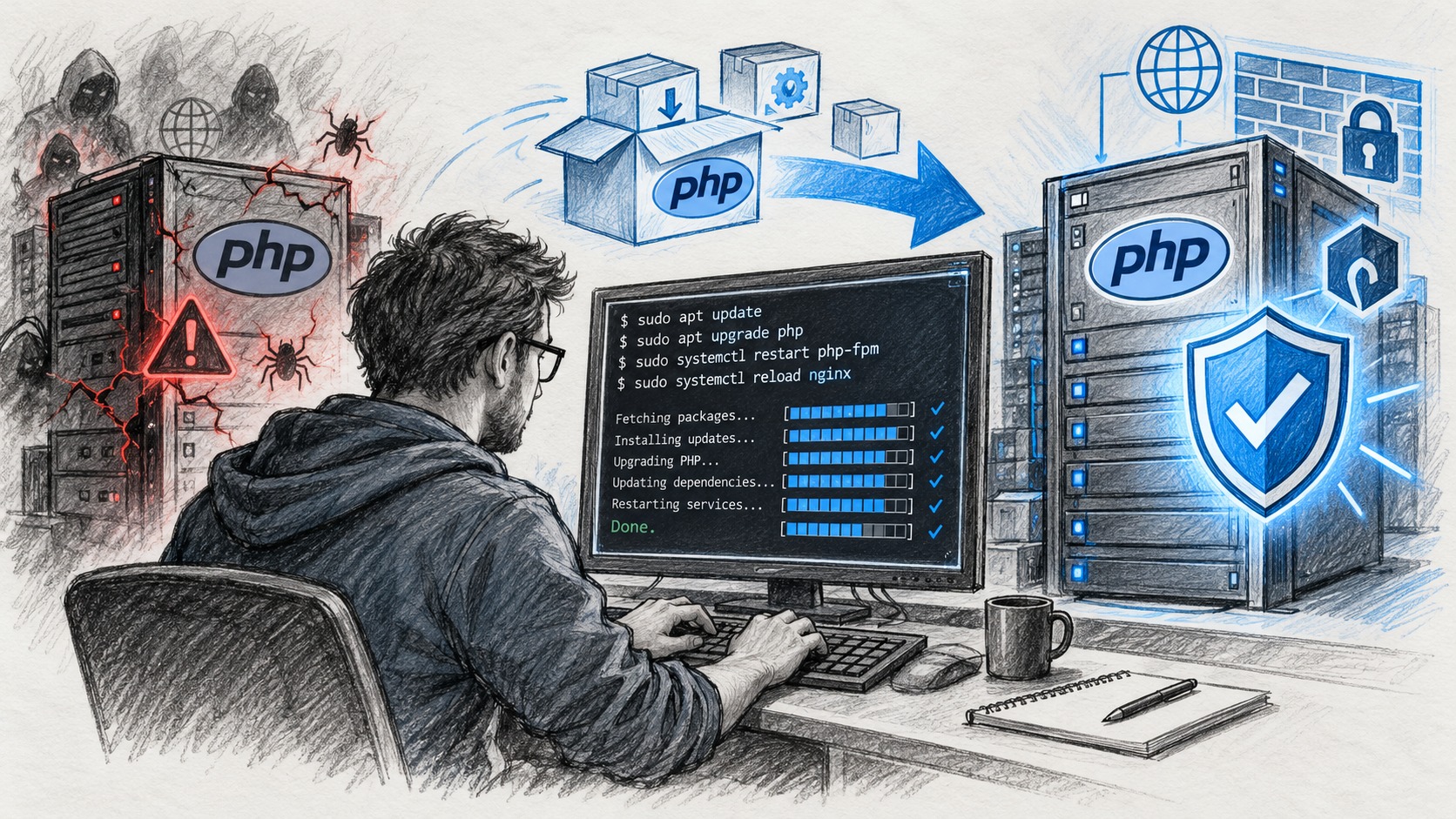 Illustrazione di un amministratore che aggiorna PHP per mettere in sicurezza il server