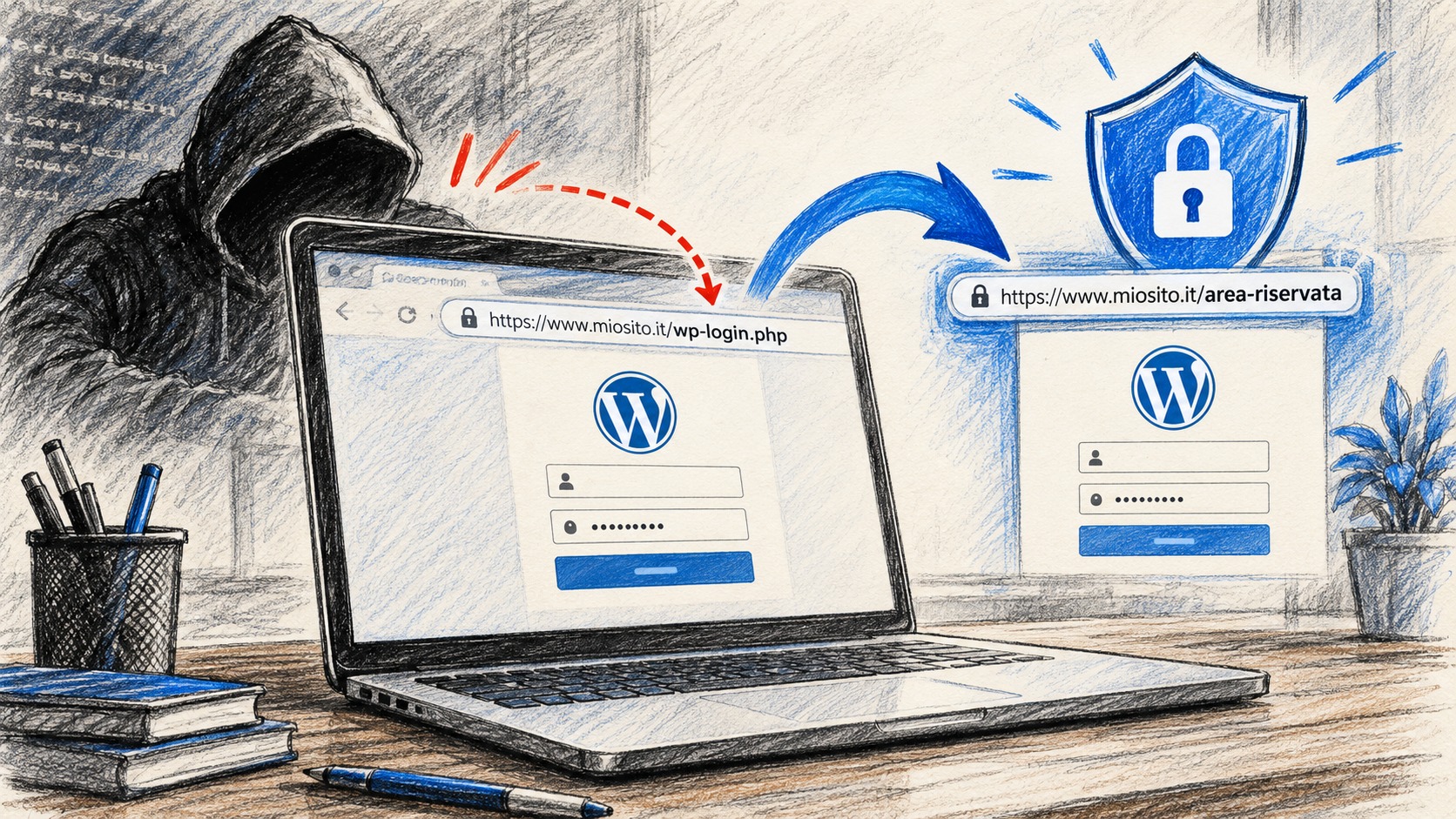 Illustrazione del passaggio da un login WordPress standard a un accesso amministrativo protetto