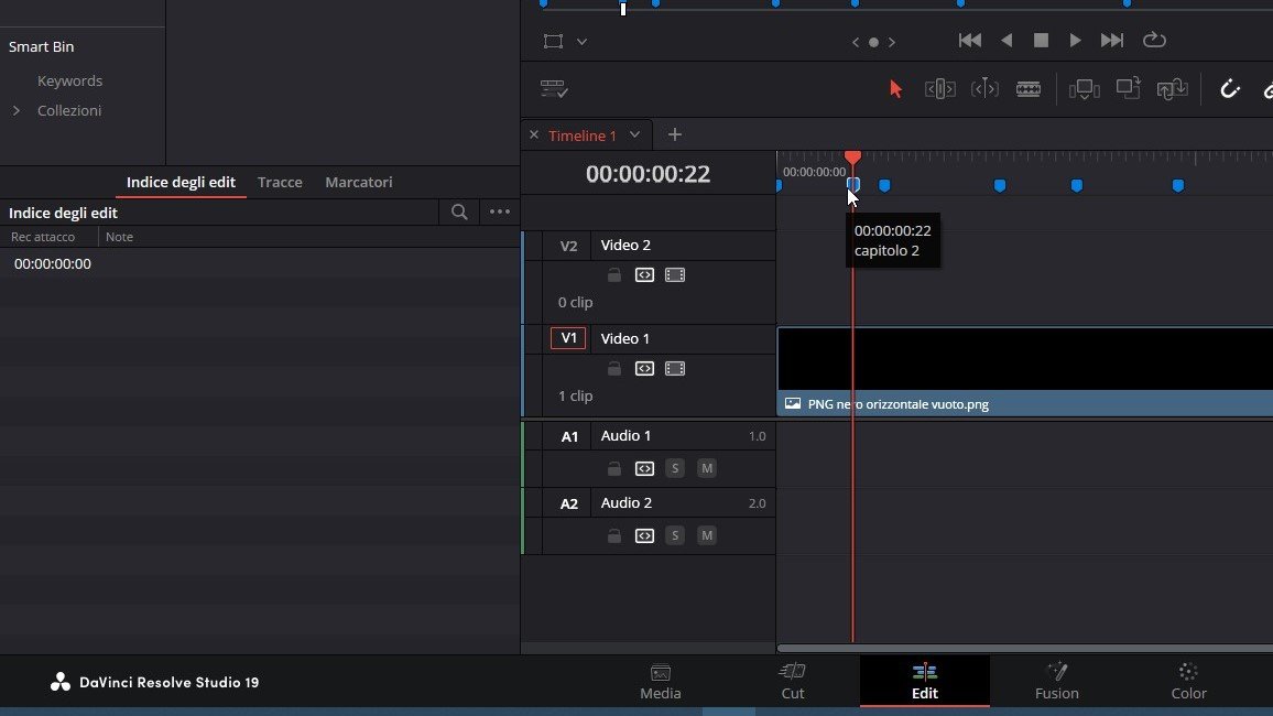 Inserimento di un marcatore nella timeline di DaVinci Resolve