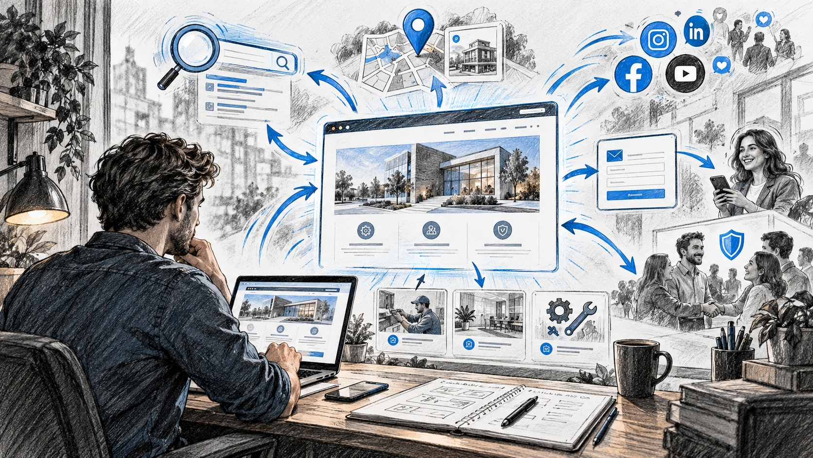 Illustrazione di un ecosistema digitale aziendale con sito web, ricerca, mappe, social e contatti