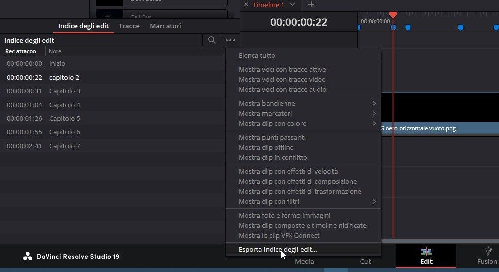 Esportazione dell'indice degli edit da DaVinci Resolve
