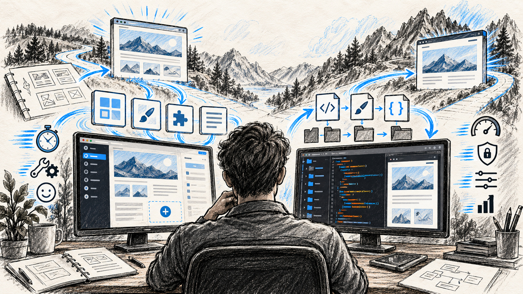 Confronto illustrato tra il flusso di lavoro WordPress e lo sviluppo di un sito statico in codice