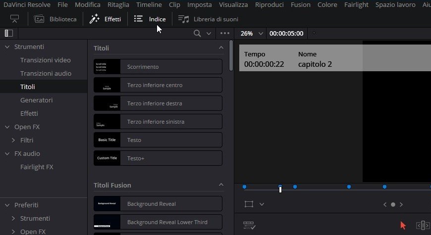 Apertura del pannello Indice in DaVinci Resolve