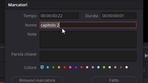Assegnazione del nome al marcatore in DaVinci Resolve