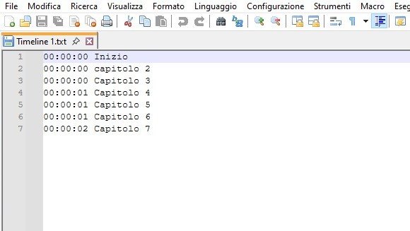 Esempio del file TXT con i capitoli pronti per YouTube