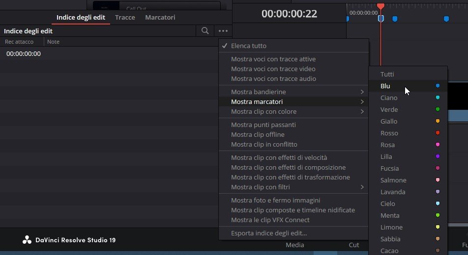 Filtro dei marcatori blu nell'indice di DaVinci Resolve